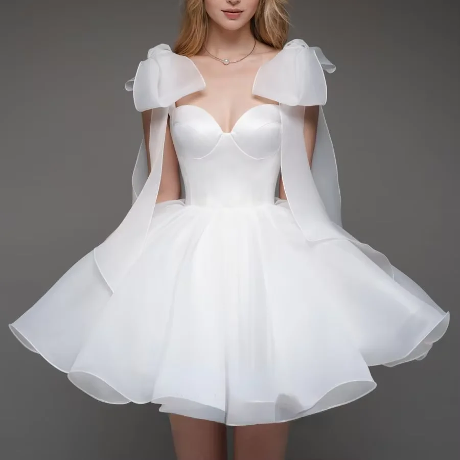 

Customized Sweetheart Short Party Dress White organza Shoulder Bow Homecoming Dress Backless Strap Women's Dress вечернее платье