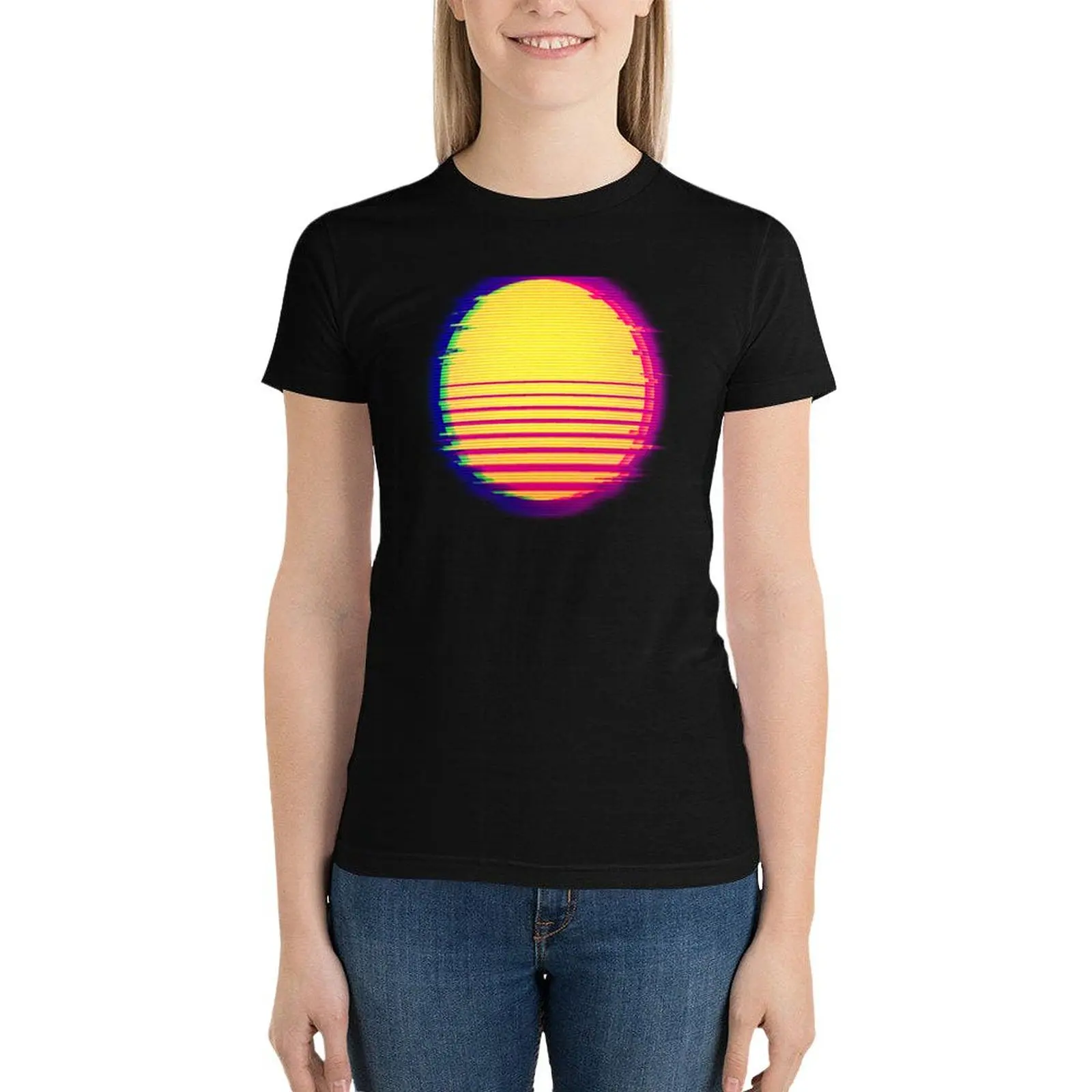 Retro Sun Vaporwave Synthwave Glitch Aesthetic T-Shirt summer top summer tops clothes for Women