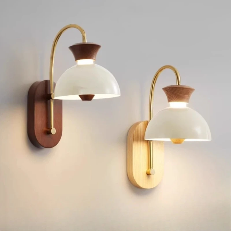 Middle Ancient Style Solid Wood Wall Lamp LED Bedroom Bedside Study Living Room Background Wall Aisle Retro Walnut Color Sconces