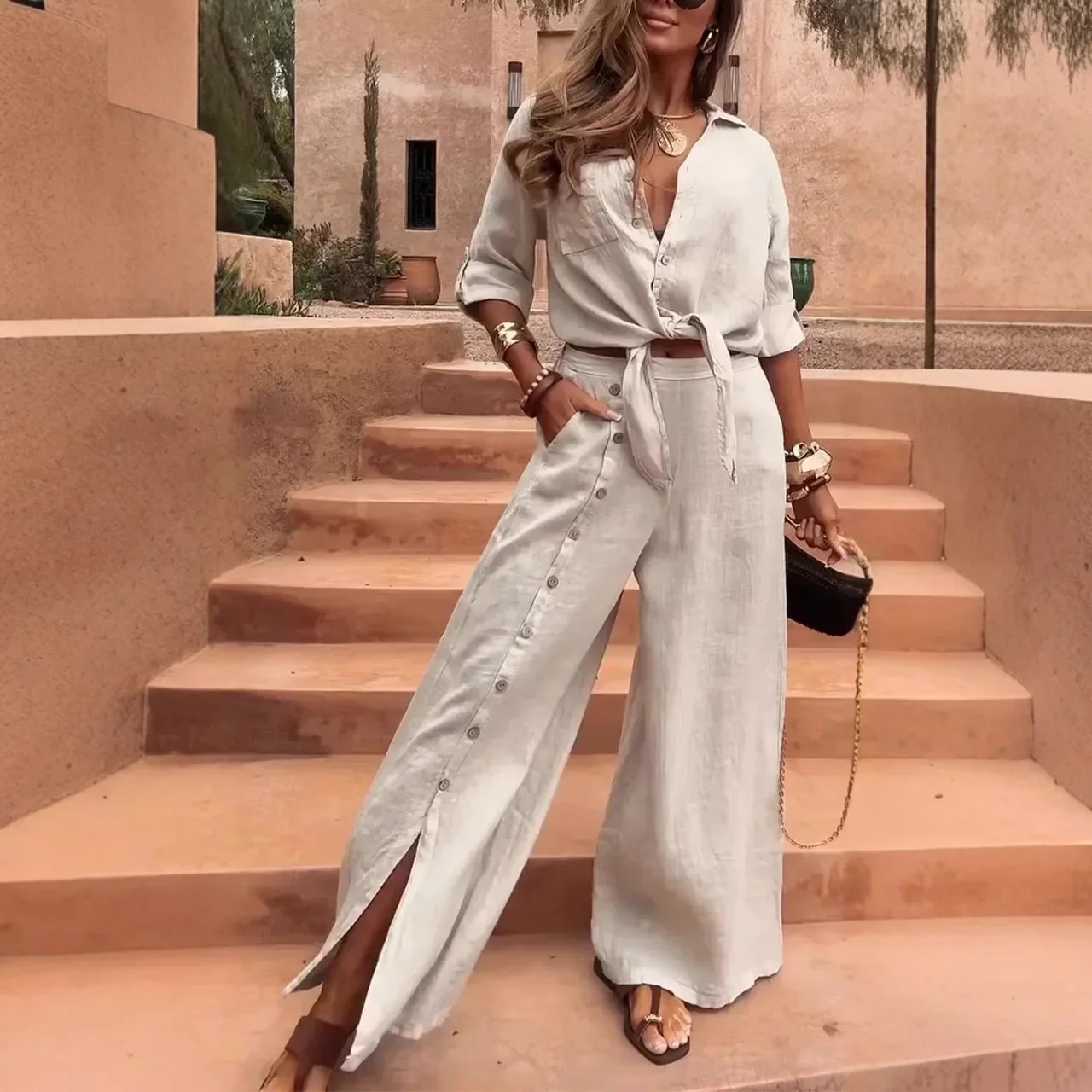 

Модные повседневные длинные брючные костюмы для женщин Элегантная однотонная рубашка с v-образным вырезом Топ с высокой талией и пуговицами Прямые брюки Комплект из 2 предметов
