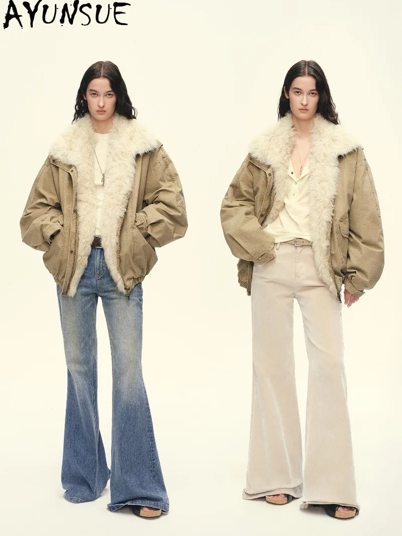 AYUNSUE Female Goose Down Workwear Down Jacket Detachable Tuscany Shearling Collar Ladies 2026 Winter Stylish Fur Parka Loose