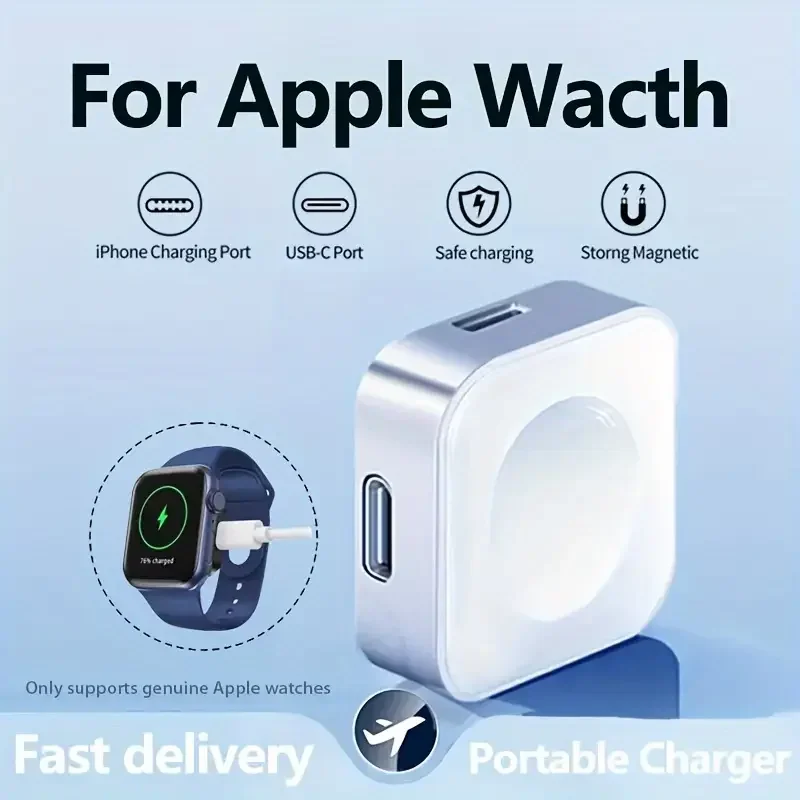 2 in 1 Portable Fast Charger Wireless Watch Charger Type C 8pin Dual Interfac for Apple Watch S9 8 7 6 5 4 3 2 SE Ultra Series