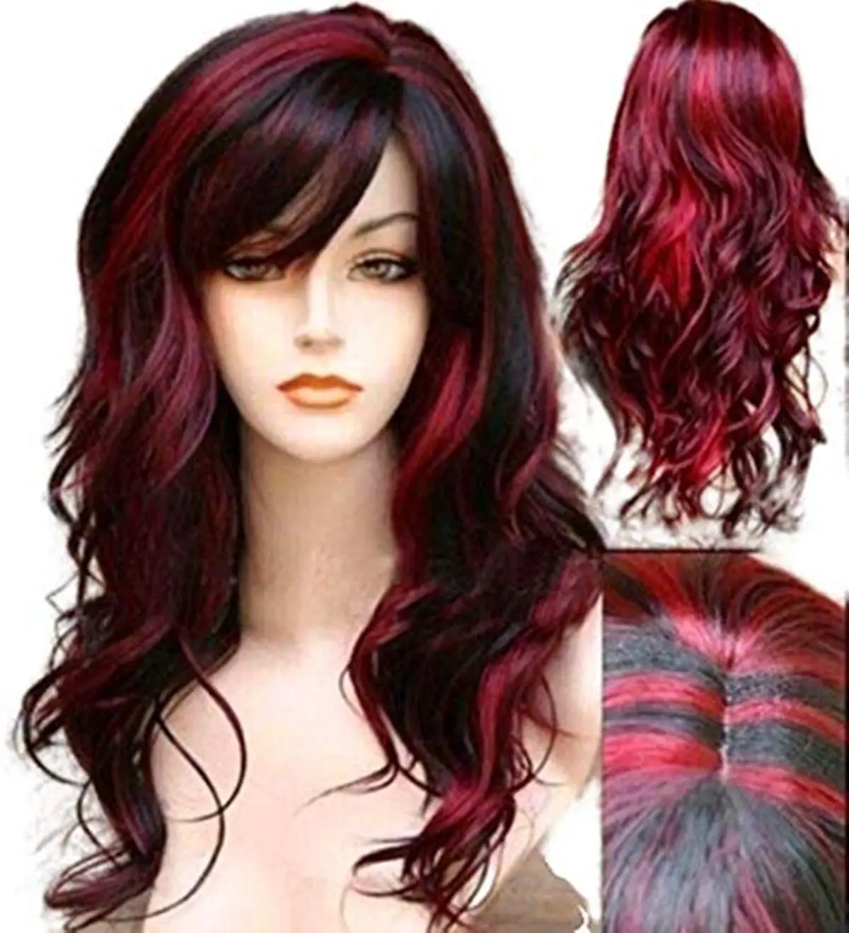 Synthetic Long Hair Wavy Red Mixed Black Wigs Party Cosplay Costume Halloween Wig Resistant Fiber Hair for Women 24 Inch