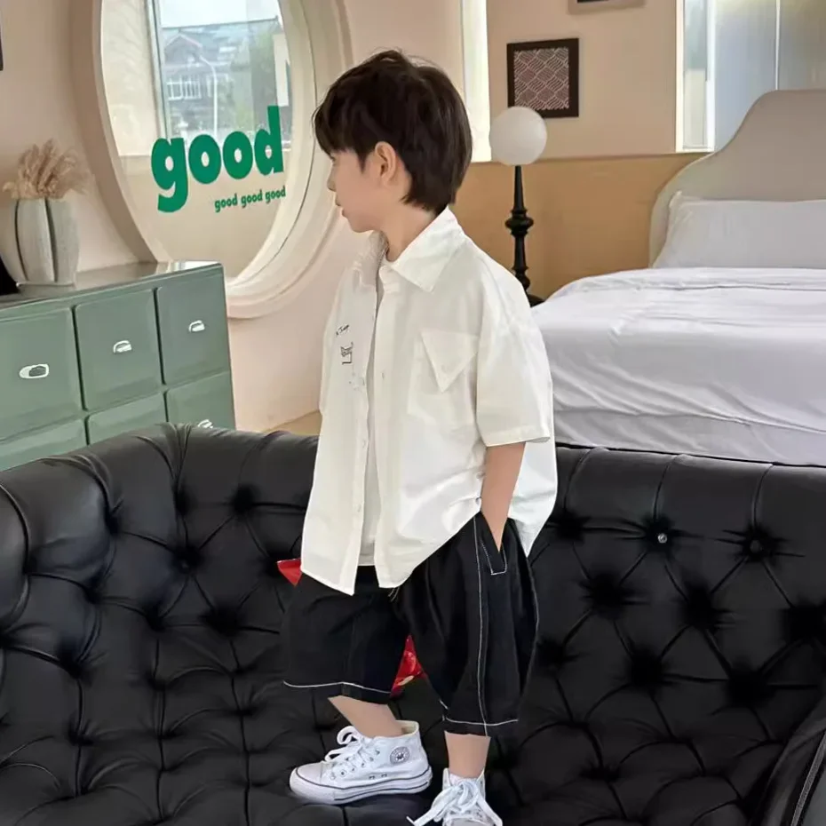 

Childrens Shirt 2024 Summer New Casual Fashion Solid Color Letter Shirt Loose and Comfortable Childrens Clothing for Outdoor