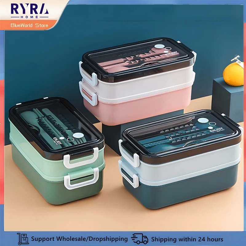 Plastic Lunch Box With Spoon Fork Student Office Microwave Oven Bento Boxes Double Layer Fresh-keeping Food Container Tableware