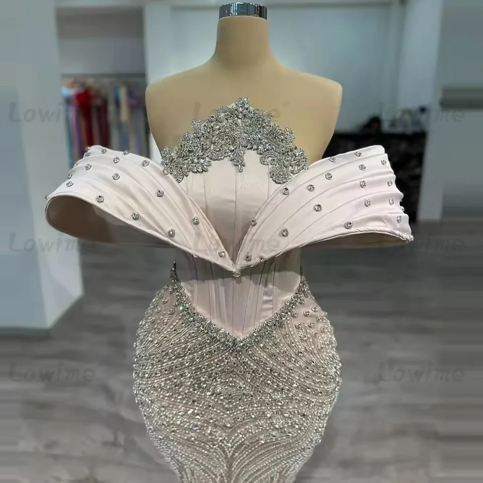 ชุดราตรีสีชมพูแบบอาหรับ ทรงเมอร์เมด ประดับคริสตัล แบบเปิดไหล่ สำหรับงานแต่งงาน งานเลี้ยง  สามารถสั่งตัดได้  ชุดราตรีปักลูกปัด  ยาวกรอมพื้น