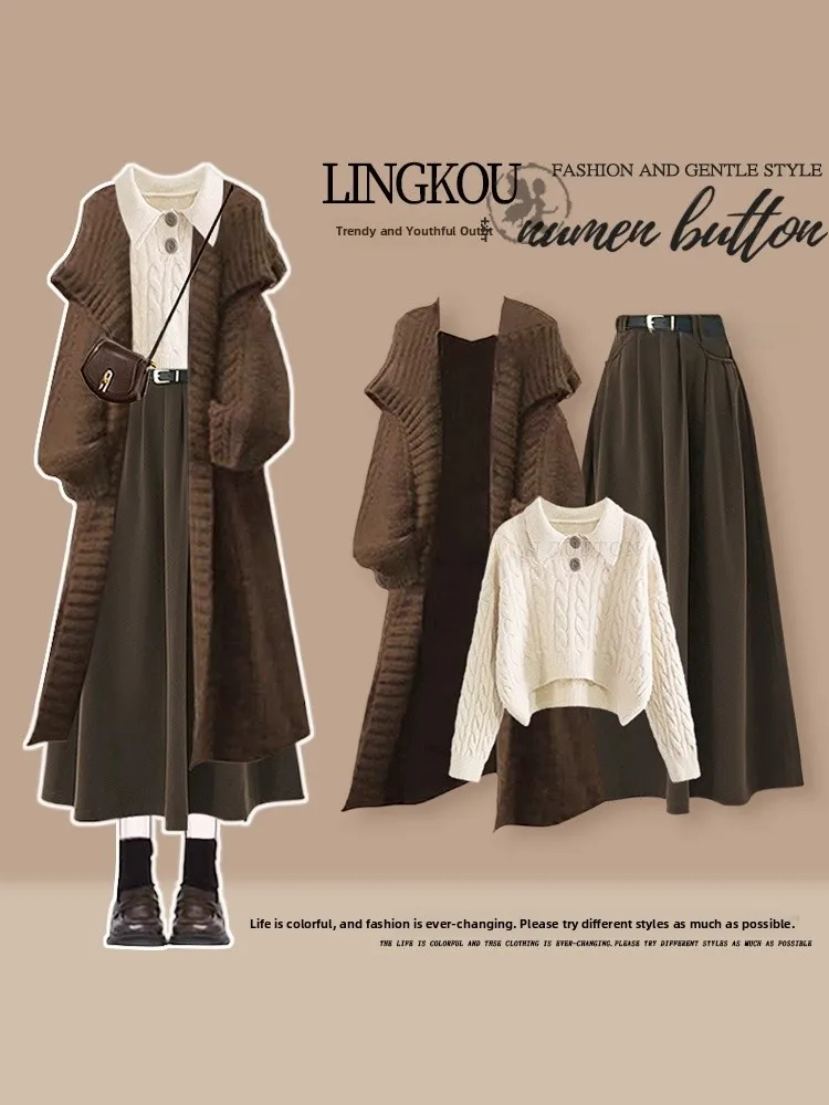 

Korean Style Three-Piece Set Women's Mid-Length Jacket Sweater High Waist Skirt Autumn Winter Fashion Gentle Style Outfit