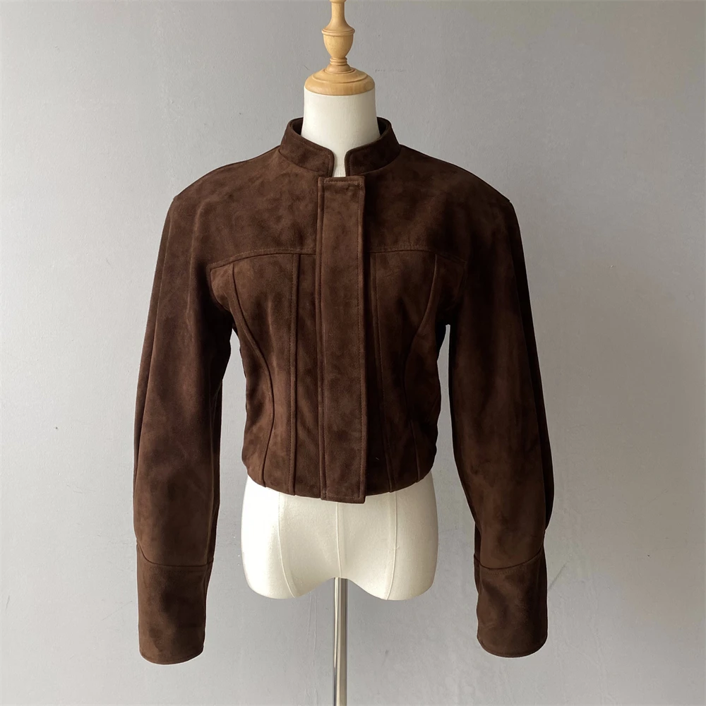 Luxyonuo Giacca invernale da donna in vera pelle scamosciata Autunno Bomber in vera pelle scamosciata di capra Cappotto in pelle oversize Nuovo arrivo