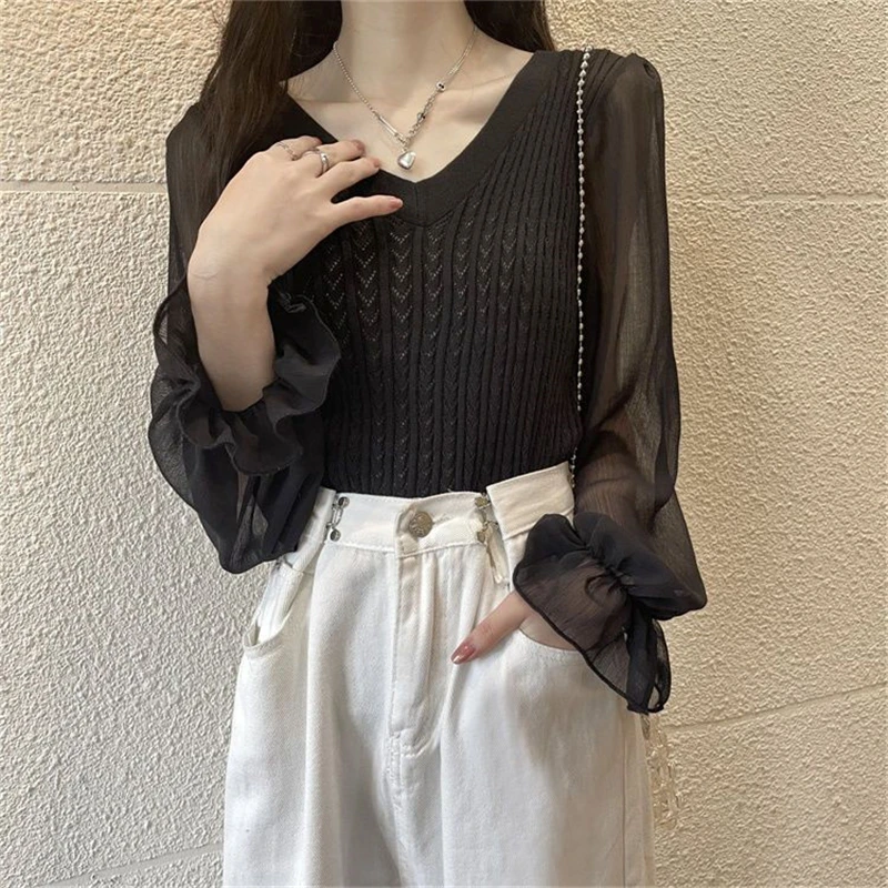 Korean Style V Neck Patchwork Sweet Chic Knit Tops for Women New Spring Autumn Casual Long Sleeve Solid Slim Blouses Clothes2023