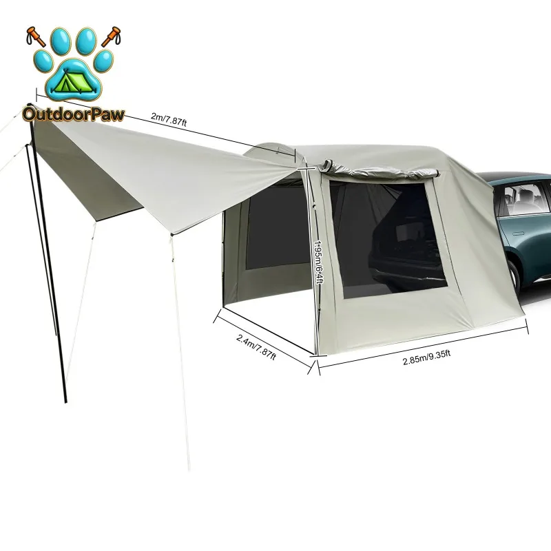 Car Awning Outdoor Tent, Car Tent Attachment for Camping 4-6 Person SUV Sedan Tailgate Awning Shelter Extension, 4.85*2.4*1.95m