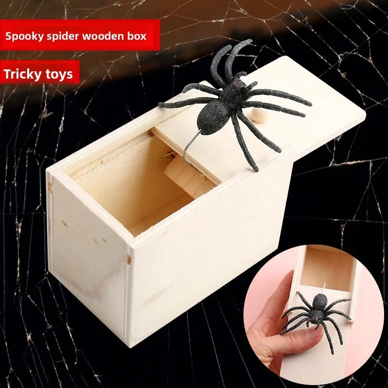 Wooden Hidden Spider Scare Prank Box, Funny Trick Party Game Toy Gift for Friends