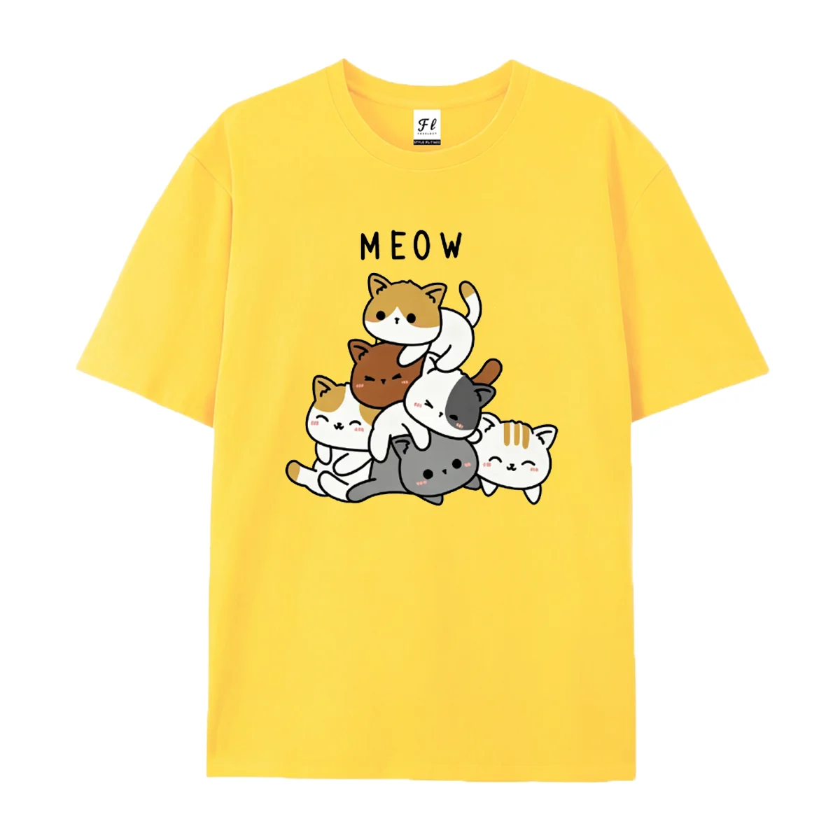 Men Short Sleeve T Shirt Cute Stacked Cat Meow Letter Print Casual Tees Round Neck Soft Cotton Animal Graphic Streetwear Tops