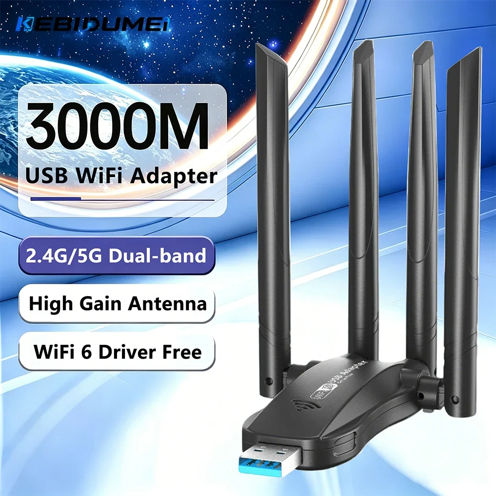 Kebidumei AX3000 WiFi6 USB Wireless Adapter Dual Band 2.4G/5GHz 3000Mbps WiFi6 Network Card for Desktop PC Win 10/11 Driver Free