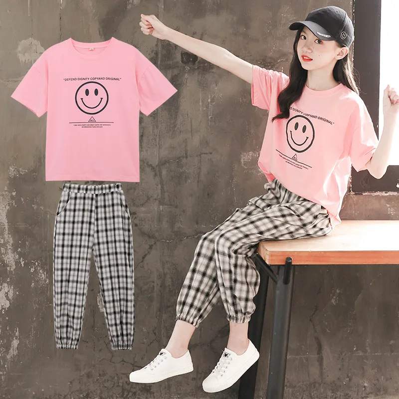 

2024 Summer Girl Children's Top And Bottom Set School Girl Smile Face T-shirt+Plaid Trousers Pants Junior Girl Tracksuit