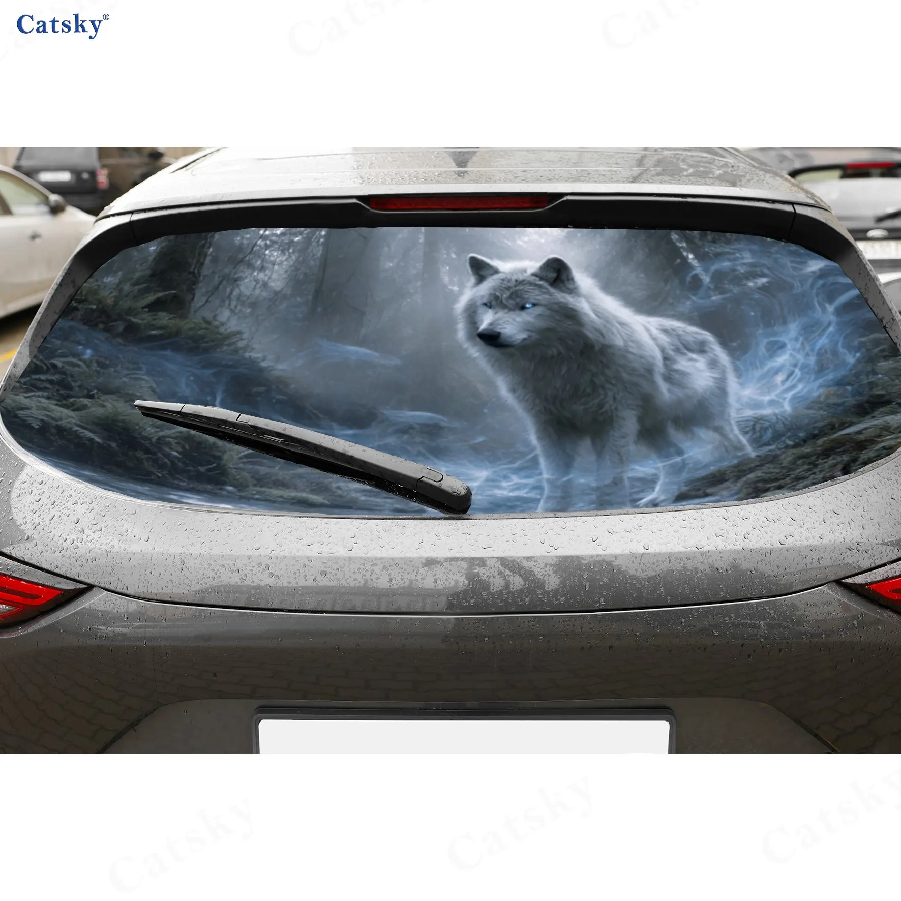 

Forest Mist White Wolf PVC Perforated Car Vinyl Wraps, Durable Car Rear Windshield Sticker, Waterproof Car Rear Window Decal