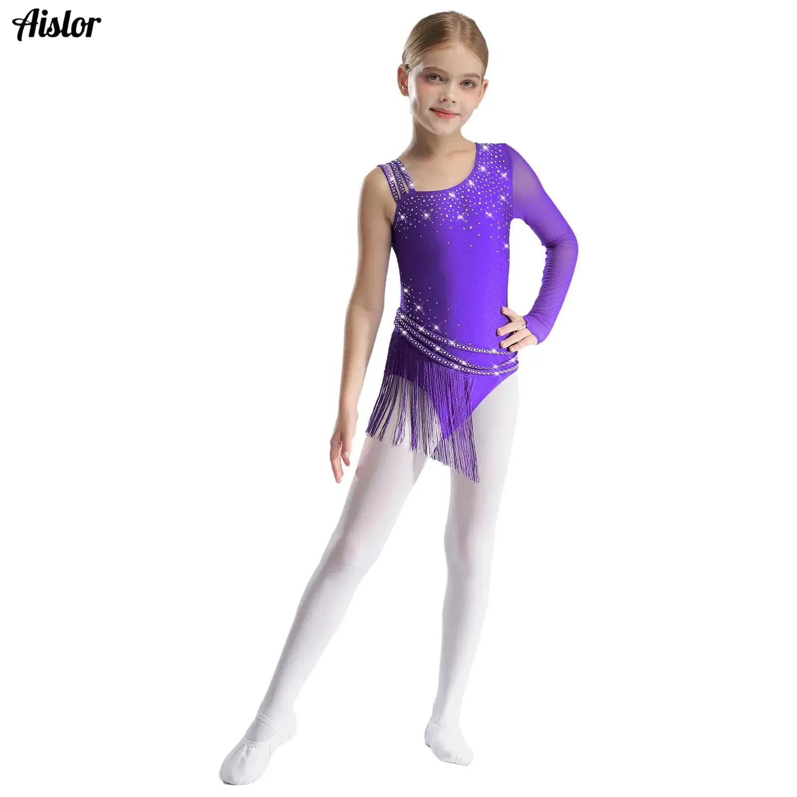 Kids Girls Glittery Rhinestones Fringe Figure Skating Dance Leotard Irregular Tassel Skirted Bodysuit for Latin Jazz Performance