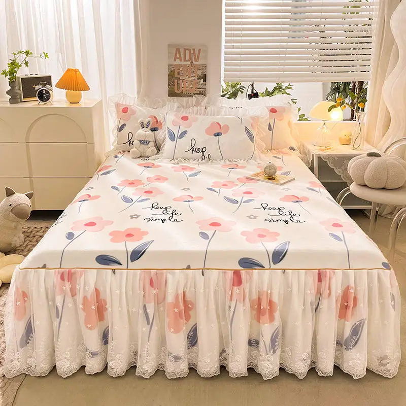 

Korean Print Thicken Velvet Bedding Bed Skirt Set King Queen Lace Ruffles Quilted Soft Warm Mattress Cover Bedspread Pillowcases