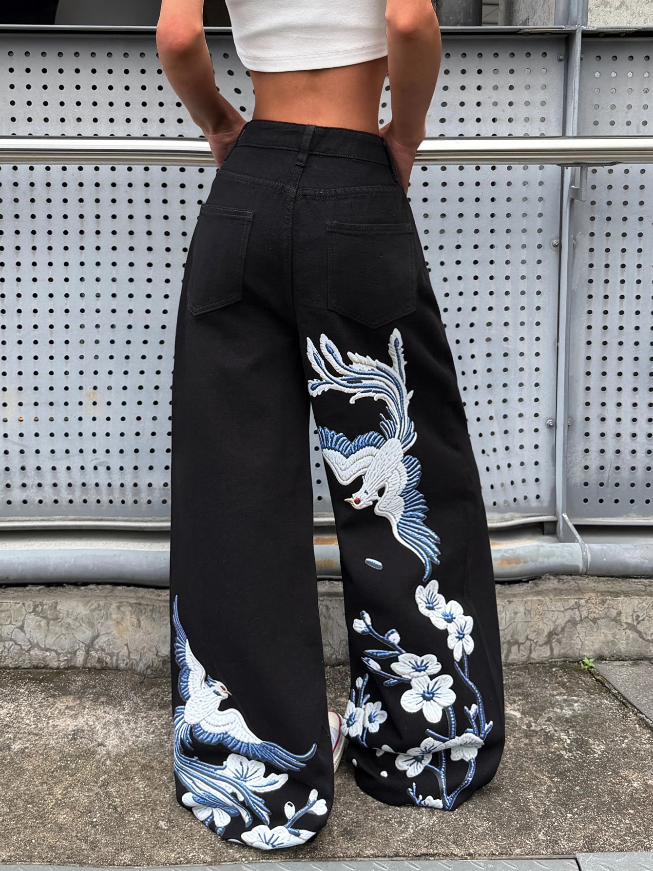 American Street Hot-Selling Women's Retro Washed Black Wide-Leg Jeans With Phoenix And Floral Niche Design Print High-Waist Baggy Y2K Spicy Girl Trousers