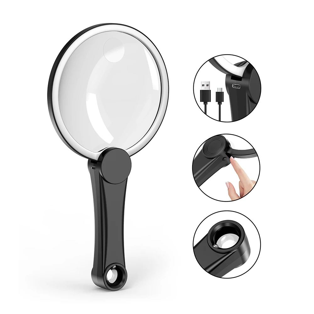 3x-5x 130mm Magnifying Glass With Light Black Big Designed For The Crowd People With Low Vision, Seniors, For Close Book, Worker