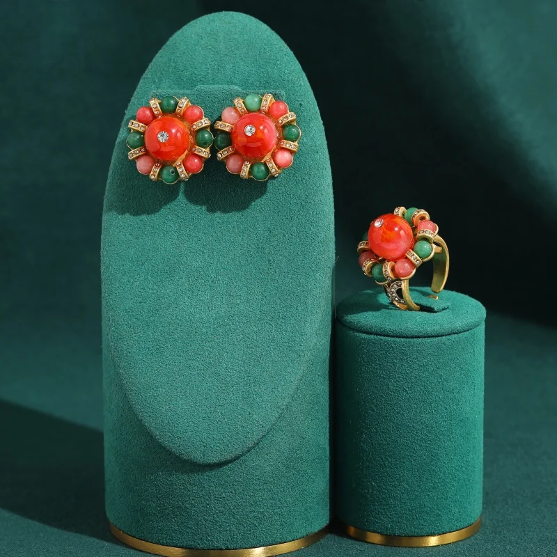 Vintage Red Green Agate Fruit Jewelry Sets Earrings Ring Luxury Brands Designers Antique High Quality Classic Daily Party Gifts