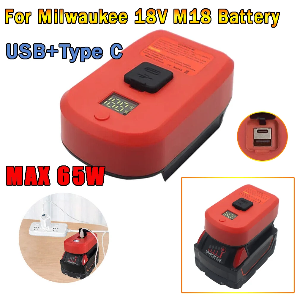 65W Power USB + Type C Fast Charger Adapter For Milwaukee 18V Li-ion Battery Charger Adapter output QC 3.0