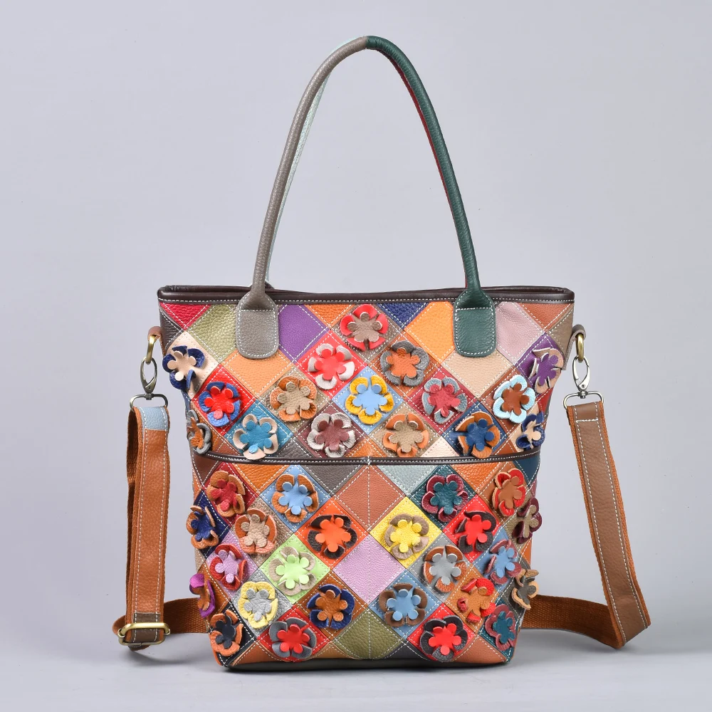 

Top Grain Leather Tote Bag for Women, Handcrafted Floral Patchwork Shoulder Bag with Adjustable Strap & Multicolor Design
