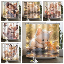 Cartoon Cat Dog Painting Shower Curtain for Bathroom Kids Cute Kitty Animal Waterproof Bath Curtain Boys Girls Art Home Decor