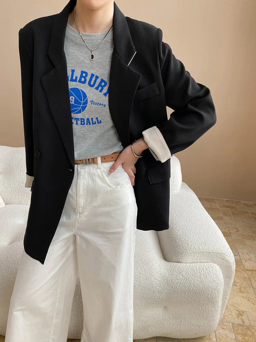 2025 Fashion Autumn New Lapel Long Sleeve Women's Jacket Contrast Cuffs Splicing Temperament Commuter Casual Suit Jacket