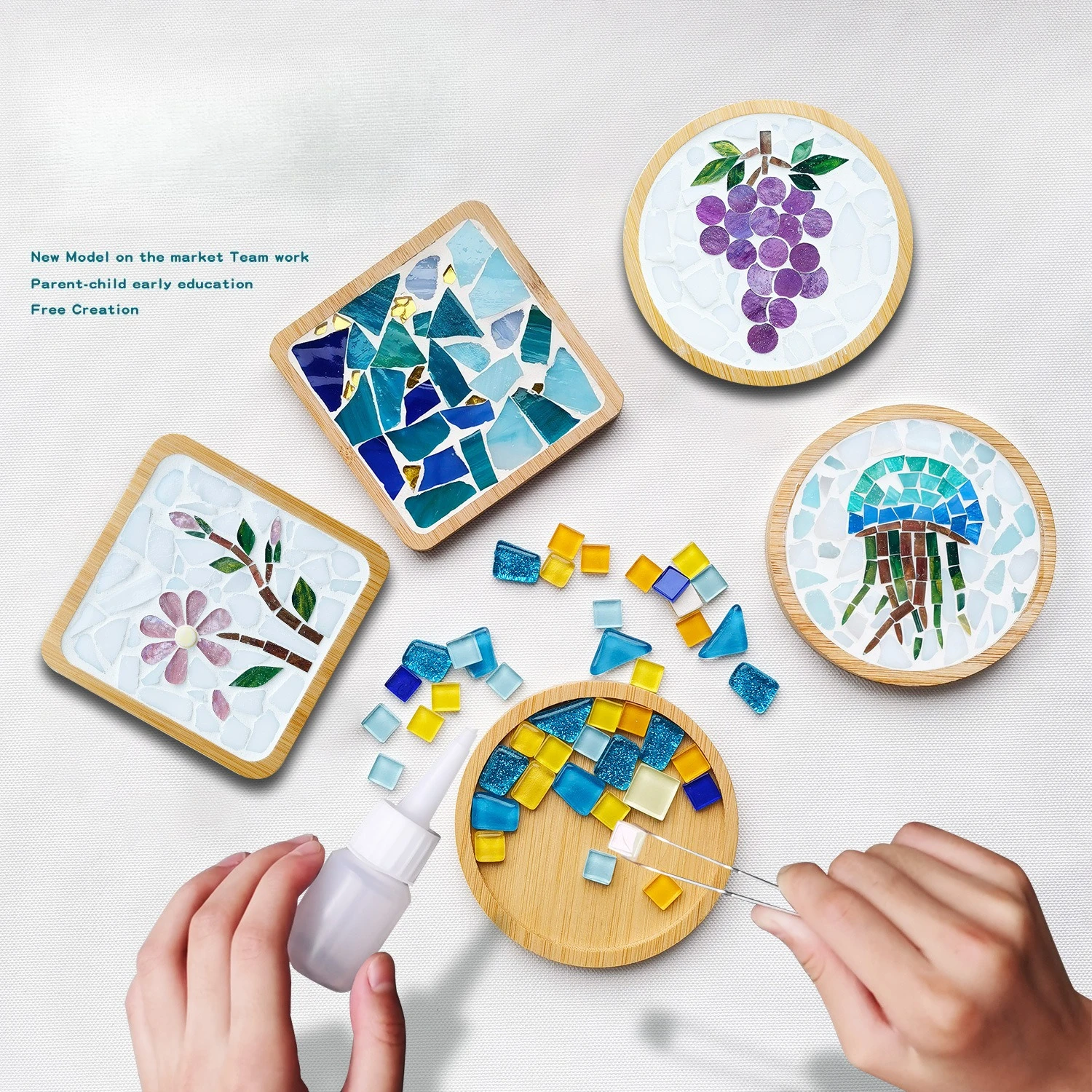 Handmade DIY Mosaic Cup Mat Bottom Bamboo Pad Heart Square Coaster Parent-Child Early Education Free Creation Handicraft Toys