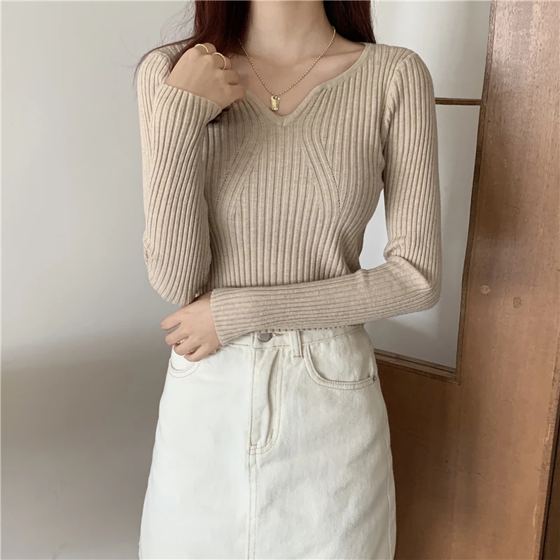 Rib Knit Sweater for Women Pullovers Fitted Sweetheart Neckline Long Sleeve Plain Jumper Teen-girl Fall Winter Basic Outfit