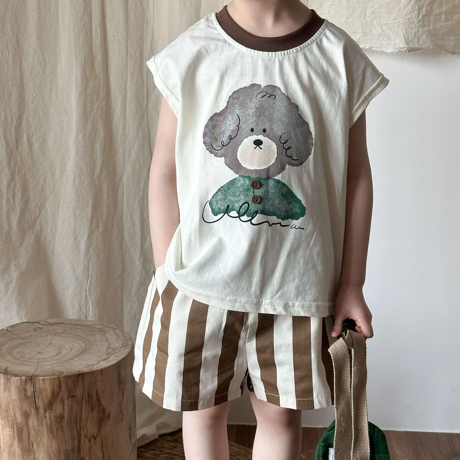 

Children Summer Vest Set Boys Cartoon Sleveless T-shirt + Striped Shorts 2pcs Sports Suit Toddler Girls Outfits