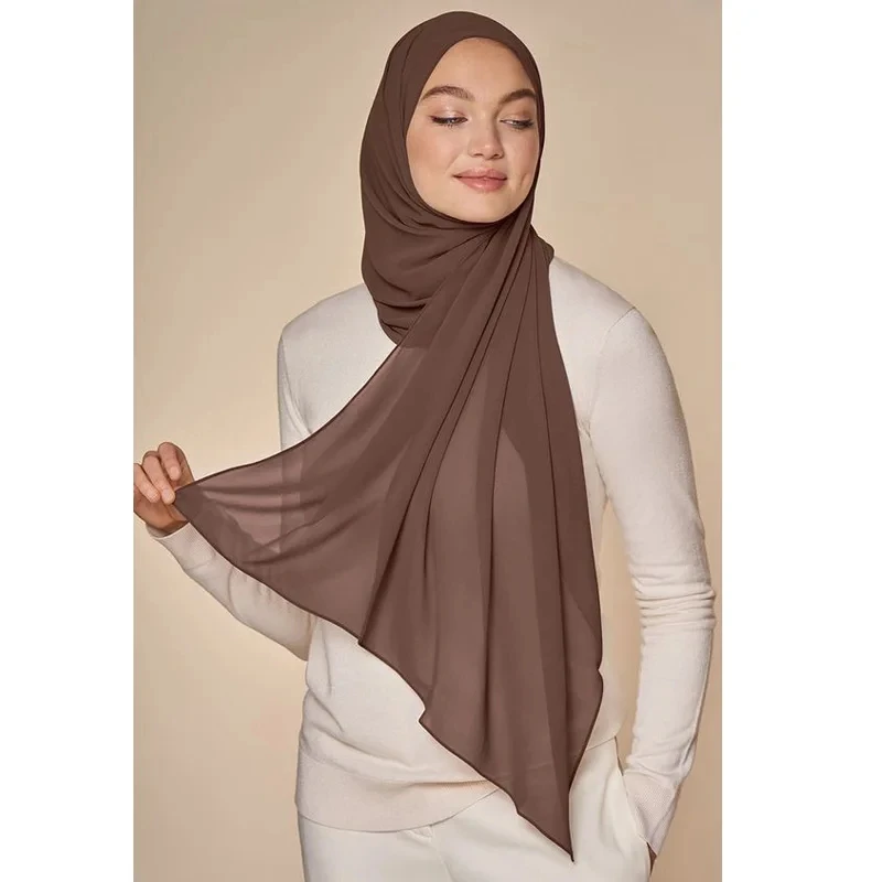 Foulard Hijab Musulman en Mousseline de Soie pour Femme, Long, Solide, Document, Tête Ronde, Voile, Jersey