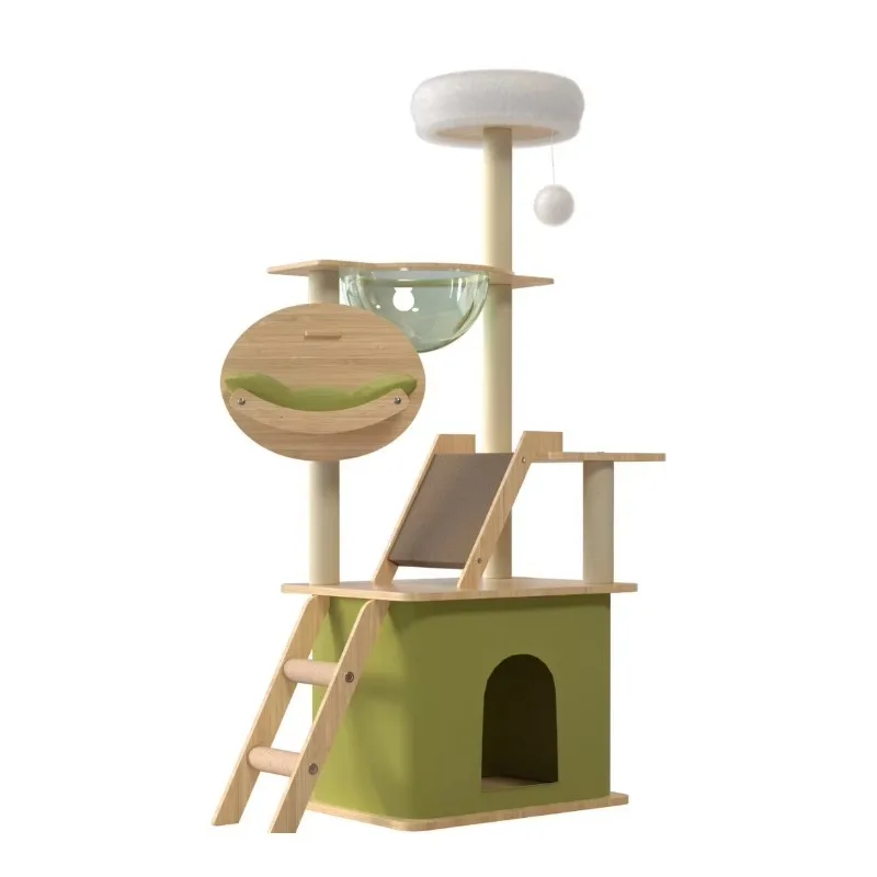 

Large Size Solid Wooden Cat Tree & Scratcher Rotatable Cat Climbing Tree for Pet House With Space Capsule