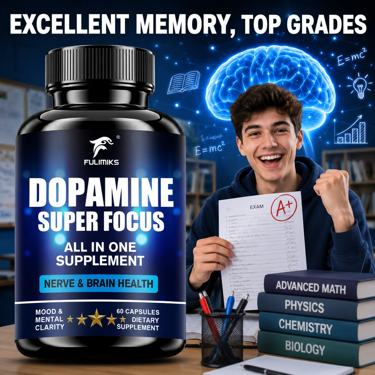 Dopamine Super Focus Supplement, All-in-1, Support Brain & Nerve Health, Maintain Mood Balance & Mental Clarity, Boost Focus