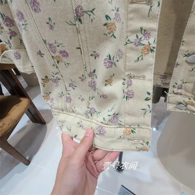 Spring Autumn New Design Lapels Single-Breasted Floral Print Denim Single-Breasted Lapels Loose Joker Temperament Fashion Coat
