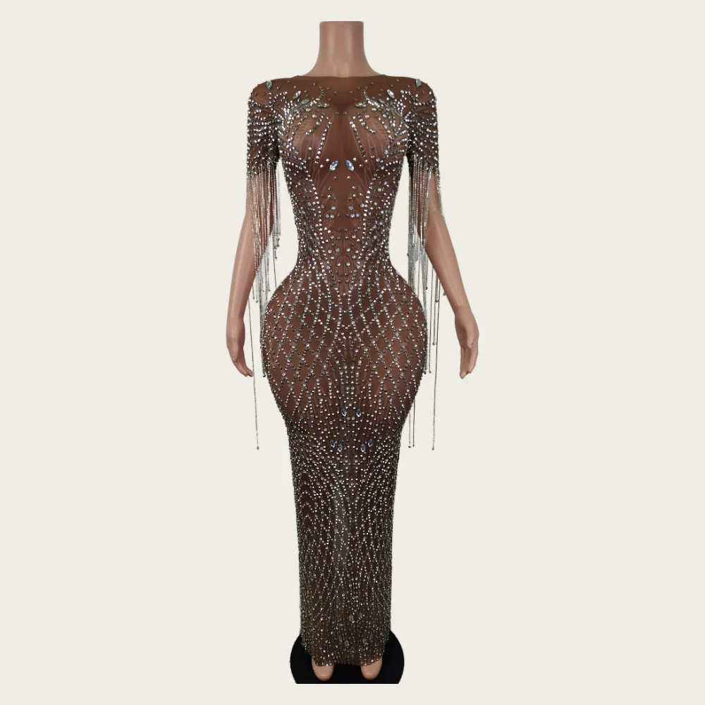 Fashion Rhinestone Fringes Transparent Mesh Stretch Dress Evening Birthday Party Prom Celebrate Outfit Sexy Stage Show Costumes