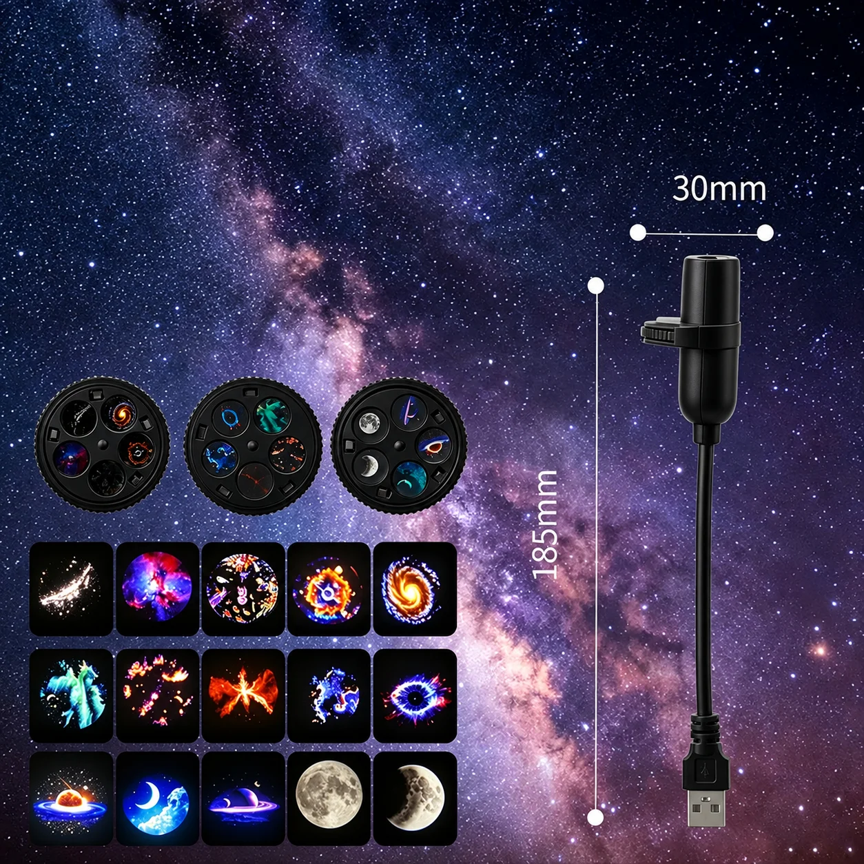 15/30 Pattern Starry Sky Projector Night Light 360°Rotating USB Plug in Galaxy Projection Lamp for Bedroom Romantic Ambient Lamp