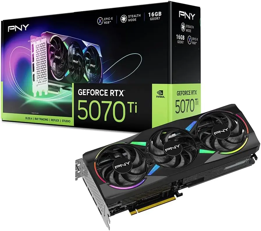 

PNY NVIDIA GeForce ARGB Triple Fan, Graphics Card (16GB GDDR7, 256-bit, Boost Speed: 2452 MHz, PCIe® 5.0, 2.98-Slot, NVIDIA)