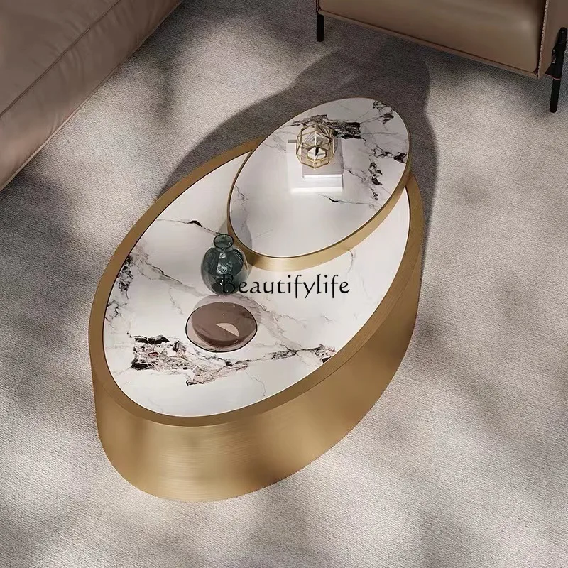 Light luxury minimalist rock slab oval coffee table household living room stainless steel tea table