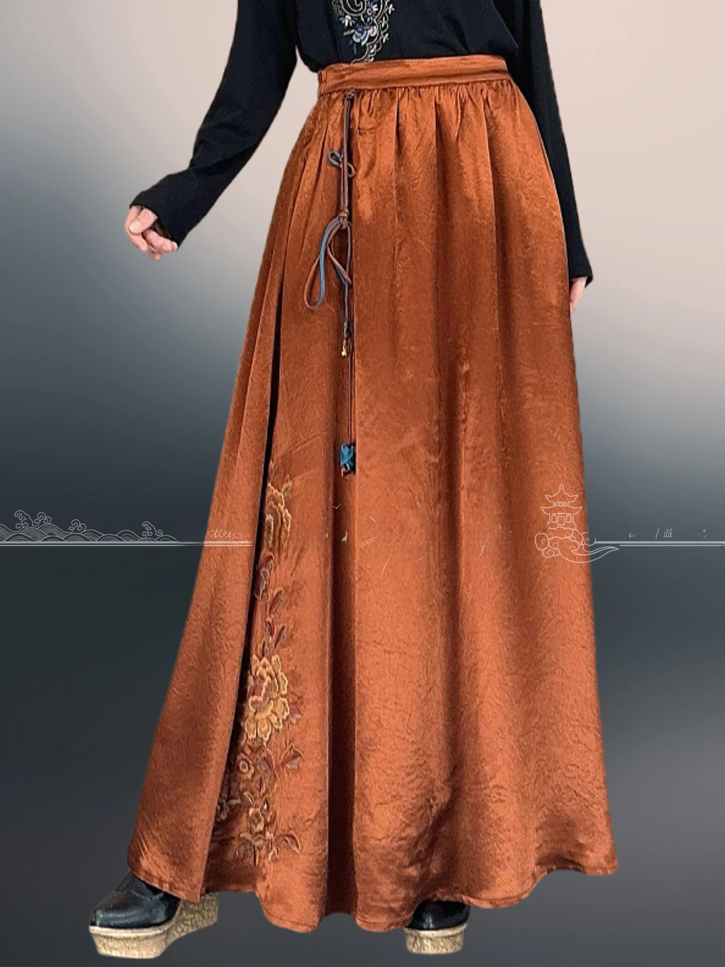 

Юбка-миди с вышивкой Ele, женская свободная длинная юбка с эластичной резинкой на талии, китайская оригинальная национальная трендовая юбка Faion