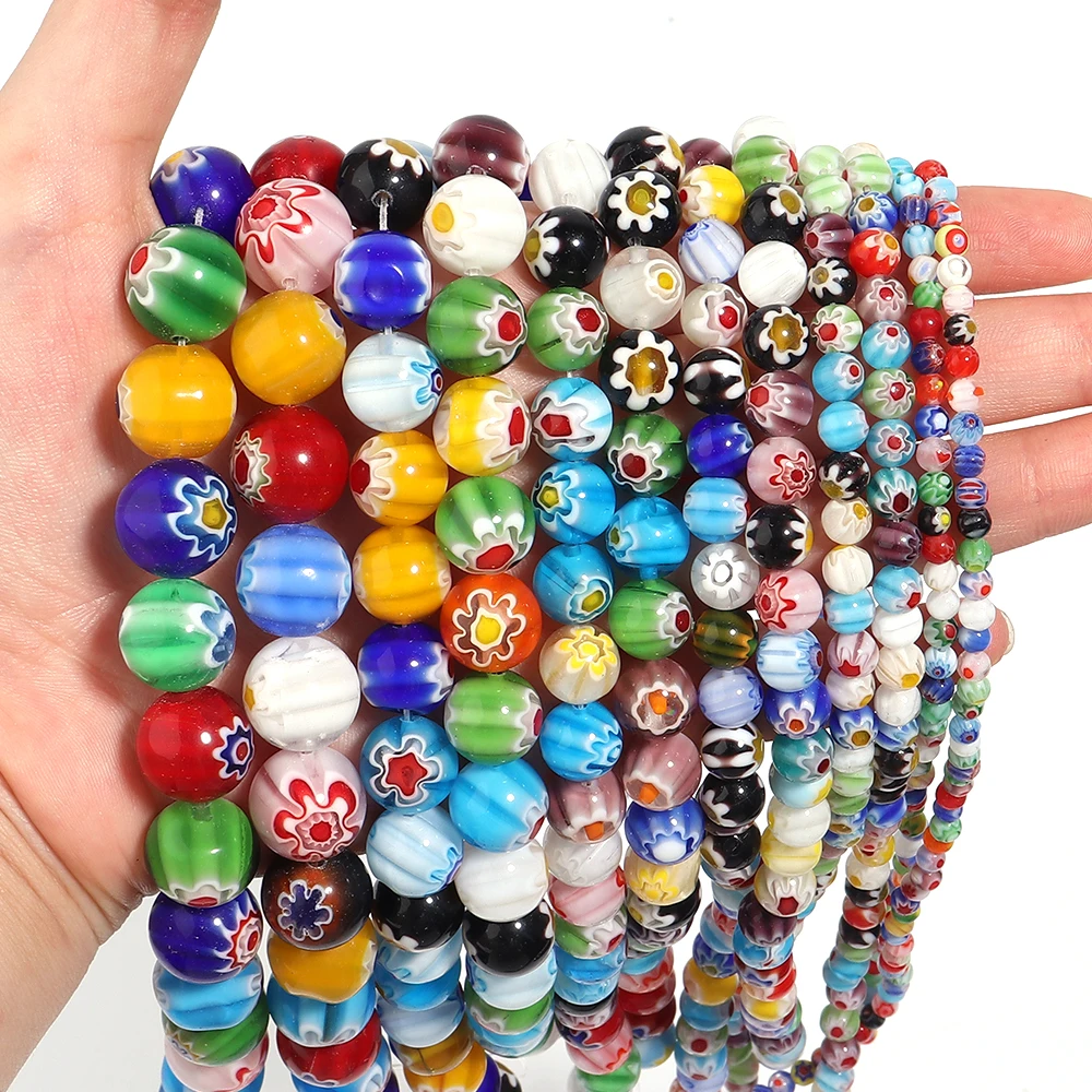 4/6/8/10/12/14mm Colorful Flower Lampwork Beads Round Loose Glass Beads For Jewelry Making DIY Necklace Bracelets Accessories