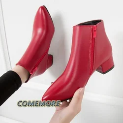 Thick High Heel Boots Square Toe Winter Chelsea Boots Women Ankle Boots Zipper Ladies Autumn Shoes Beige Black Red Size 35-42 PU