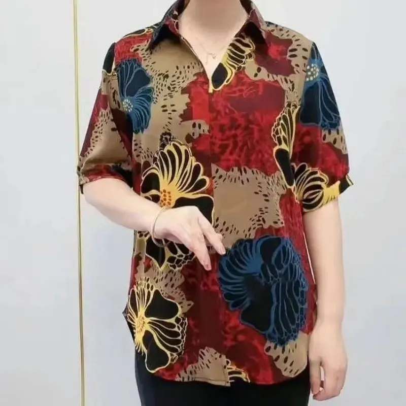 Casual Vintage Printed Loose Shirt Female Clothing Commute Short Sleeve 2023 Summer Fashion Turn-down Collar All-match Blouse