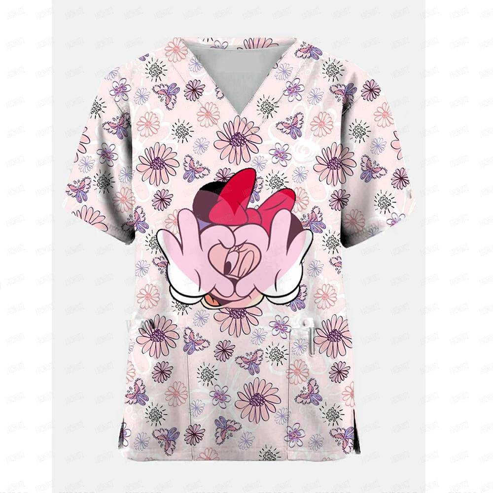 2024 Women's Doctor Nurse Uniform Disney Minnie Print Pocket V-Neck Nursing Scrubs Tops Workwear Tshirt Overalls Uniforms ﻿Y2K