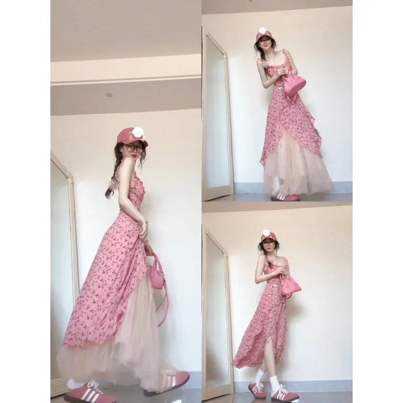 

Платье с цветочным принтом и вырезом халтер, женский дизайнерский комплект из двух предметов: элегантное длинное платье с кружевной отделкой и утягивающим поясом для особых случаев