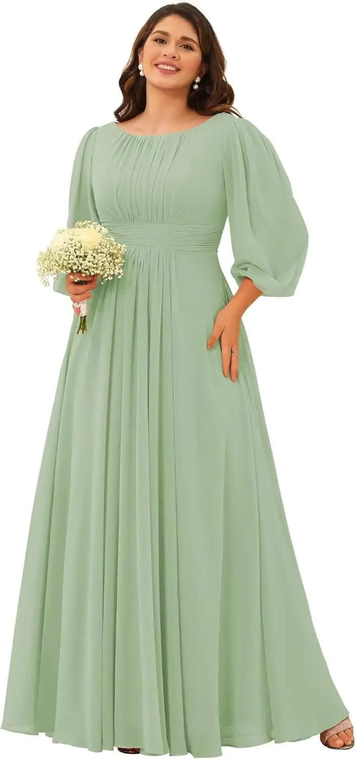 Chiffon Long Sleeves Bridesmaid Dresses Scoop Neck Pleated A Line Long Formal Dresses for Women Plus Size Wedding Guest Dress