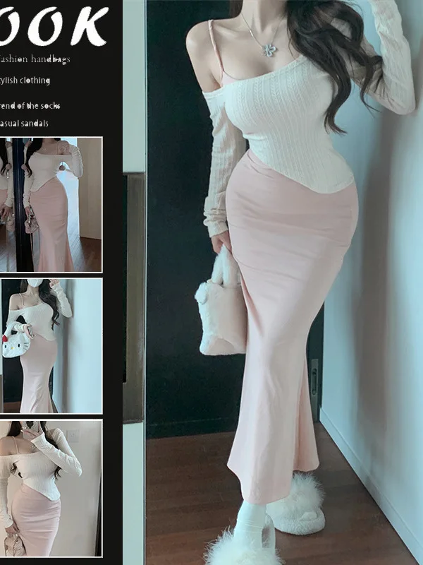 Korean style two piece skirt set women\'s one shoulder knitted sweater spring suspender long Wrap buttocks dress two-piece set Z4