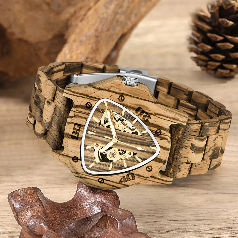 NEW Triangle Design Wooden Hollow Mechanical Men's Watch Unique Design Fashionable Business Men's Fashion Accessories Watch