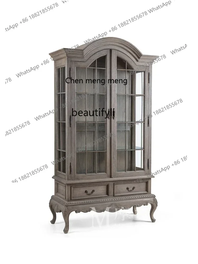 ตู้เก็บไวน์ไม้โอ๊คโบราณสไตล์อเมริกันแบบย้อนยุค ประตูกระจกคู่ทรงโค้ง สำหรับห้องนั่งเล่น ตู้ข้างโต๊ะอาหาร