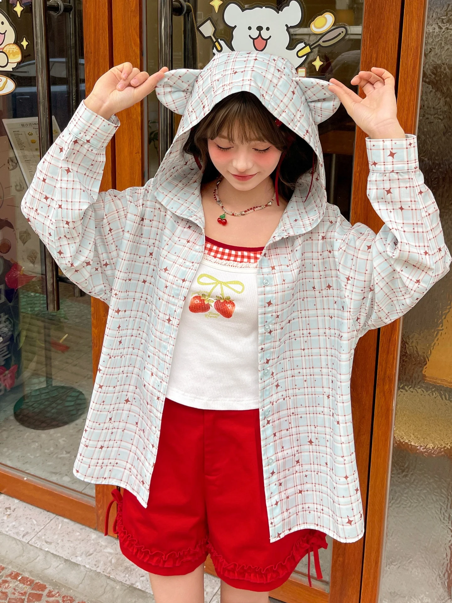 

Повседневная женская рубашка с длинным рукавом, клетчатый кардиган с капюшоном, с узором в виде звезд, повседневная верхняя одежда, новый летний стиль для молодежи